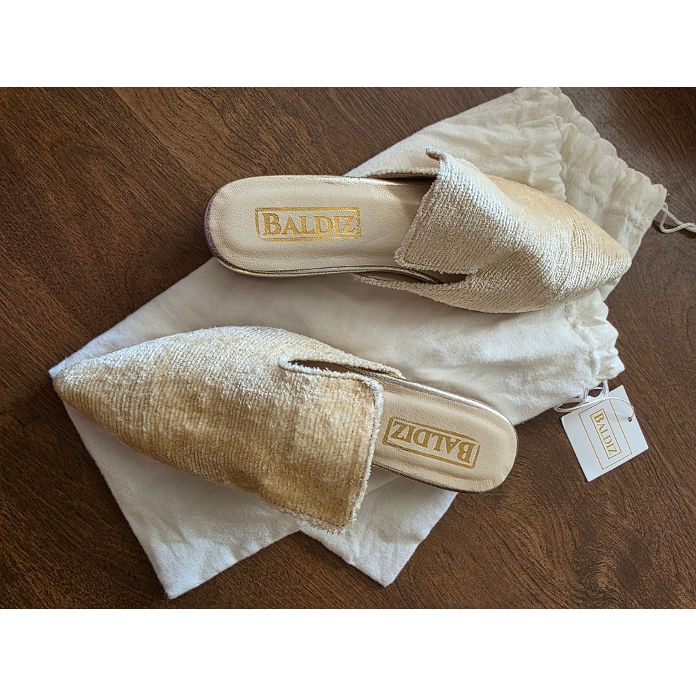 Baldiz White Ikat Pointed Toe Mules Gold Metallic Block Heel Slides Size 36